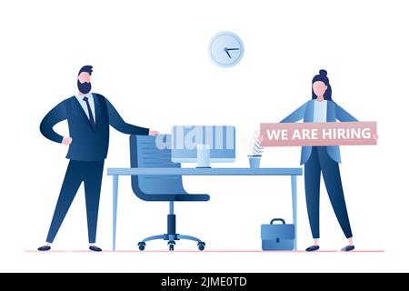 Geschäftsleute einstellen. Geschäftsmann Chef mit Stuhl und vakanten Zeichen. Weibliche Holding Board- wir stellen ein.Recruitment Konzept. Geschäftsfiguren und Mo Stock Vektor