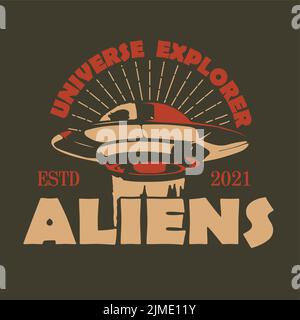 Ein Alien ufo Vintage Logo mit roten Details auf dunklem Hintergrund Stock Vektor