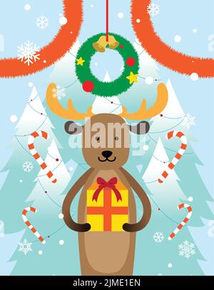 Weihnachtskarte mit Rentier geben Geschenk, weihnachten Vektor-Illustration, Bäume Hintergrund mit Dekorationen und Süßigkeiten, Weihnachtsgeschenk. Stock Vektor