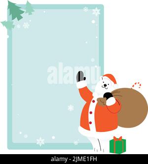 Weihnachten Vektorkarte Vorlage. Illustration eines weißen Bären in einem Weihnachtsmann-Kostüm, winkend, mit einer riesigen Geschenktüte. Wunschliste leerer Raum Vorlage vecto Stock Vektor