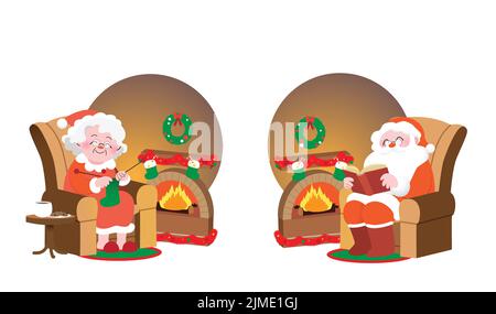 Weihnachtsmann und Frau Claus isolierten Figuren, die im Sessel vor dem Kamin sitzen. Gemütlicher Kamin im Innenbereich mit weihnachtsdekorationen. Stock Vektor