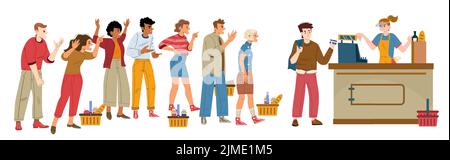 Wütende Schlange im Laden, unzufriedene und müde Kunden stehen in der Schlange am Supermarkt mit Waren in Karren Schreien und schwören durch den Kauf und schlechten Verkauf Verkehr, Linie Kunst flache Vektor-Illustration Stock Vektor
