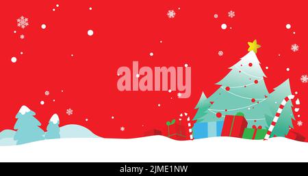 Weihnachten Vektor Illustration, Geschenke und Süßigkeiten Sticks unter weihnachtsbaum, Schnee Hintergrund, Berge unter Schnee, Winterkarte Stock Vektor
