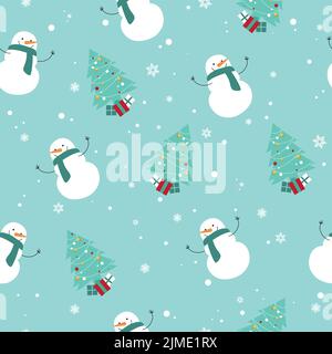 Weihnachtsvektor nahtloses Muster mit einem Schneemann und einer Kiefer, Winter nahtloses Muster mit blauem Hintergrund und Schneeflocken Stock Vektor
