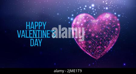 Happy Valentines Day Banner. Drahtmodell-Herz in flacher Poly-Ausführung. Abstrakte moderne 3D-Vektorillustration auf dunkelblauem Hintergrund Stock Vektor
