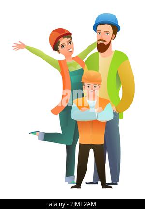 Mann und Frau und Kind Sohn Baumeister in Weste und Schutzhelm. Fröhliche Person. Stehende Pose. Cartoon Comic-Stil flach. Ein Zeichen. Illustre Stock Vektor
