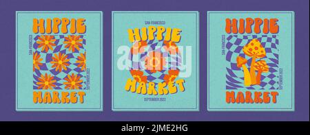 Vorlage im Hippie-Stil mit funky Vibe. Jahrgang 1960-1970. Hippiger Retro-Hintergrund. Symbol-Retro-Druck. Stock Vektor