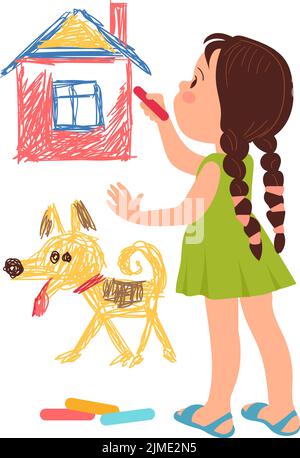 Mädchen Zeichnung an der Wand. Cartoon Kind kreative Aktivität Stock Vektor