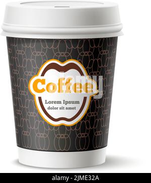 Realistischer Tassenbecher mit Kunststoffdeckel. Kaffee Getränk Mockup Stock Vektor