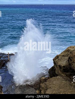 Die Brandung steigt durch das berühmte Blow-Hole an der Küste von Oahu, Hawaii. Stockfoto