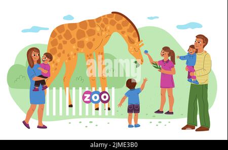 Familie im Zoo. Eltern mit Kindern beobachten Tiere. Gemeinsames Wochenende. Menschen, die in der Nähe von Gehege stehen und Giraffen füttern. Mutter und Vater mit Kindern Stock Vektor