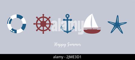 Sommerurlaub Banner marine Design mit Segelbootshell und Anker Stock Vektor