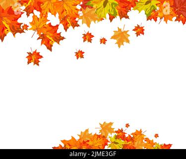 Herbstlaub Grenze. Rote, gelbe und orangefarbene Herbstblätter mit Kopierfläche. Herbstliches Laubwerk für Text. Editierbare Vektordarstellung. Stock Vektor