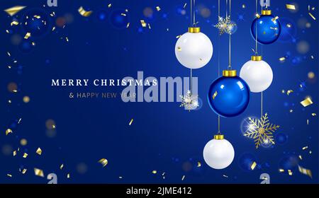 Blaue Weihnachtskarte. Vektorgrafik. Leerer Platz für den Text auf einer Seite. Weiße und blaue Hängekugeln. Herabfallendes Konfetti und ein Shimme Stock Vektor