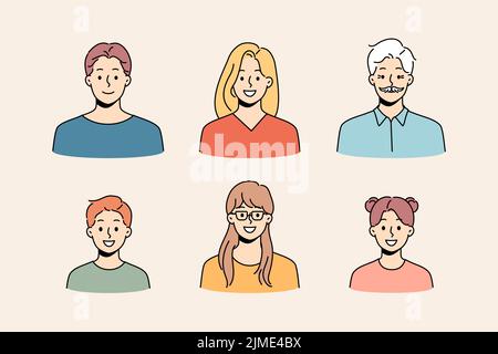 Avatare von verschiedenen Menschen gesetzt. Sammlung von jüngeren und älteren Personen Gesichter. Vielfalt und Gleichheit. Vektorgrafik. Stock Vektor