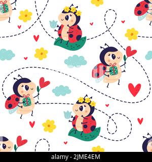 Cartoon Marienkäfer nahtloses Muster. Käfer-Figuren mit Herzen, Blumen und Wolken. Rote Polkapunktesekten. Kinderdruck. Geschenke und Blumenkranz. Glücklich Stock Vektor