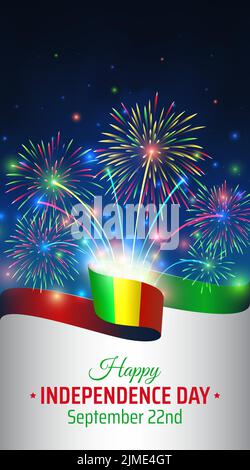 22. September, tag der Unabhängigkeit malis, Vektorvorlage mit Flagge und buntem Feuerwerk auf blauem Nachthimmel Hintergrund. Nationalfeiertag in Mali 22. september Stock Vektor