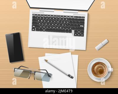 Realistischer Büroarbeitsplatz, Draufsicht. Laptop und Dokumente auf dem Desktop. Kaffeetasse. Smartphone und Brille. Notizblätter auf dem Tisch. Manager Stock Vektor
