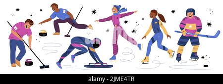 Wintersport Spiele Athleten. Cartoon Menschen auf Eis. Eiskunstläufer. Bobfahrer und Hockeyspieler in Uniform. Professioneller Wettbewerb. Mann spielt Stock Vektor