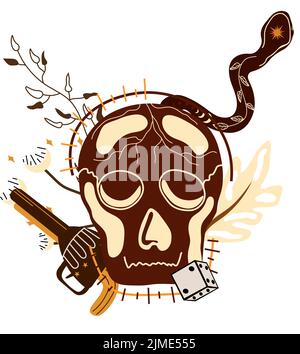 Wild West-Poster mit Totenkopf, einer mystischen Schlange, Cowboy-Gewehr. Weiter Old West im flachen Stil. Vektorgrafik Stock Vektor