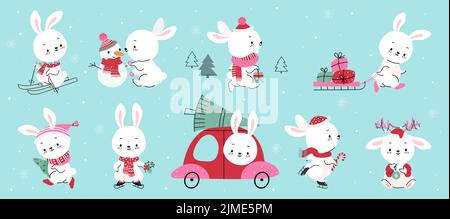 Neues Jahr 2023 Kaninchen. Cartoon Winter Kaninchen, süße Hase und Schneemann, weihnachtsgeschenke und Baum. Holiday Eve Zeichen, Baby Tiere nowaday Vektor Stock Vektor