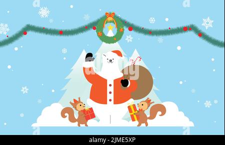 Weihnachtskarte Illustration Vektor mit Santa Eisbär, Eichhörnchen halten Geschenke und Kiefern mit weihnachtsschmuck Stock Vektor