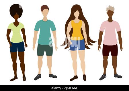 Mädchen und Jungen unterschiedlicher Kulturen und Hauttöne. Junge Menschen in Sportbekleidung. Darstellung von Farbvektoren. Eine Gruppe von Athleten in T-Shirts, Shorts Stock Vektor