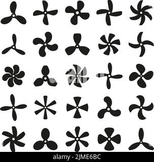 Symbol für Schiffsschrauben. Propellersymbol, Motorblatt für Elektroboote. Flugzeugturbine, Kühlventilatoren Propeller. Schiffsmotor Formen, schwarzer Fan Tidy Vektor Stock Vektor