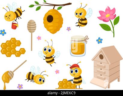 Cartoon Biene und Honig isoliert süße Zeichen für Kind. Honigwaben, niedliche Bienen und ein Glas mit gesunden Süßigkeiten. Fliegende Lieferung, Insekten grellen Vektor-Set Stock Vektor