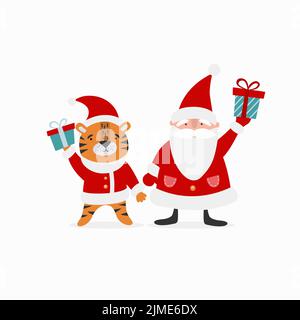 Niedlicher Tiger und Weihnachtsmann mit Neujahrsgeschenken. Stock Vektor