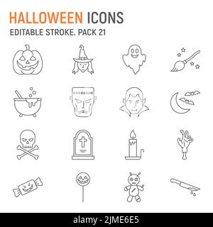 Halloween Linie Icon Set, gruselige Sammlung, Vektorgrafiken, Logo Illustrationen, Halloween Vektor Icons, Horror-Zeichen, skizzieren Piktogramme, editierbare Kontur Stock Vektor