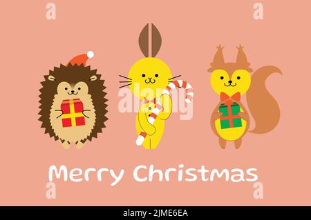 Weihnachtsvektorkarte, drei niedliche Tiere mit Geschenken und Süßigkeiten, Igel, Hase und Eichhörnchen. Weihnachten Cartoon Tiere isoliert Vektor-Set. Stock Vektor