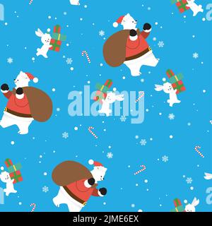 Weihnachtsvektor nahtloses Muster mit einem Santa Eisbär und einem Hasen mit einem Stapel von Geschenken, Blaues Wintermuster mit Schneeflocken Stock Vektor