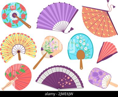 Handgebläse. Japan gelbe Fans, asiatische Souvenir-Sammlung. Bunte dekorative Fanning, chinesische Kultur Festival Papier Zubehör anständige Vektor Stock Vektor