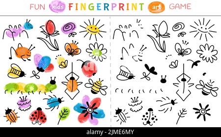 Fingerabdruck-Spiel für Kinder. Kindergarten lernen Farbe, Baby gemalt Kunst Aktivitäten. Bildung zeichnen Tiere und Insekten, Kindergarten spielen anständig Stock Vektor