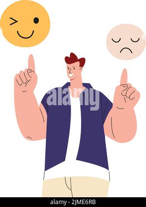 Wählen Sie jeden Tag positive Emotionen. Glücklicher Mann weist auf Emoticons, traurige und lustige Gesichter. Wählen Sie Glück und Freude, Vektor Erwachsenen männlichen Charakter Stock Vektor