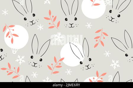 Kaninchen Weihnachtskugeln nahtloses Muster. Hasengesicht. Vektorgrafik „Neujahr“ Stock Vektor