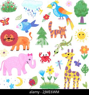 Bleistiftzeichnung für Kinder. Kinderkreide Design, Kinder Zeichnungen Farbe Tiere. Kunstgiraffe, Löwe und Elefant. Baby Zoo wilde Tiere neoterischen Vektor-Set Stock Vektor