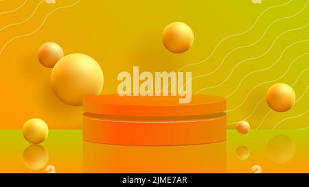 Orangefarbener Hintergrund mit rundem Sockel und fliegenden goldenen Kugeln. Standplatz für Präsentationen im HD-Format. Farbige 3D Vektor in orange Schattierungen Stock Vektor