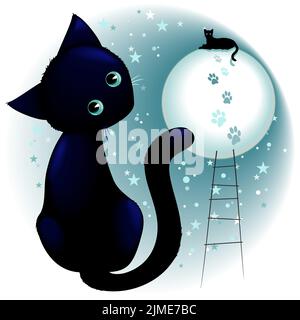 Ein Vektor einer blauen Katze in der Nähe des Mondes auf weißem Hintergrund Stock Vektor
