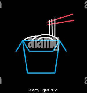 Nudeln in dünne Linie Box mit Essstäbchen Vektor isoliert auf schwarzem Hintergrund Symbol. Schild für Fast Food. Graph-Symbol für das Kochen von Websites und Apps, Stock Vektor