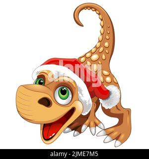 Eine vertikale Vektordarstellung eines Baby-Dinosauriers mit Weihnachtsmann-Hut, einer Zeichentrickfigur. Stock Vektor