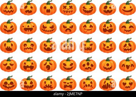 Kürbis-Emoji. Halloween Cartoon Kürbisse geschnitztes Gesicht, helloween glückliche Gefühle, lächelnde lustige Maske, Aufkleber, gruselige Gesichter, Setzen Sie orange böse Symbole geniale Vektor-Illustration von halloween Kürbis Stock Vektor