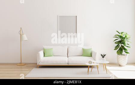 Imitierter Rahmen im modernen Innenhintergrund. Skandinavischer Stil. Helle und gemütliche Wohnzimmer Innenhintergrund. Wohnzimmer w Stockfoto