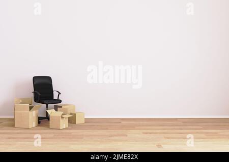 Leeres Zimmer mit Stuhl und Kartons. Umzugskonzept. Wohnung bewegt sich. Umzug des Hauses. Platz für Mockup. 3D Rendern. Stockfoto