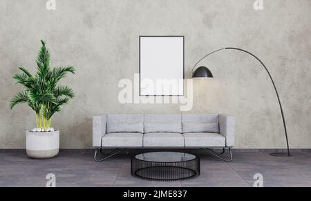 Leerer Posterrahmen im Loft-Wohnzimmer. Bildmockup. Modernes Wohnzimmer mit grauer Betonwand, Sofa, schwarzer Lampe und Stockfoto