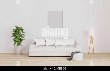 Leerer Poster-/Bilderrahmen für Mockup. Helles Wohnzimmer mit weißem Sofa, weißer moderner Lampe, Pflanze. Möbliertes Wohnzimmer mit Stockfoto