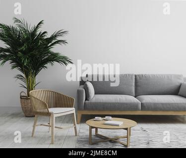 Moderne Einrichtung des Wohnzimmers in Grautönen mit grauem Sofa und Holzsessel, Palmen und Couchtisch, Wohnzimmer Stockfoto