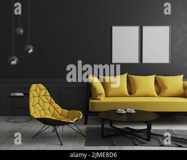 Blank vertikalen Posterrahmen im modernen Raum Innenraum Hintergrund mit schwarzer Wand und stilvollen gelben Sofa und Design-Armcha Stockfoto