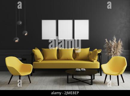 Blank vertikalen Posterrahmen im modernen Raum Innenraum Hintergrund mit schwarzer Wand und stilvollen gelben Sofa und Design-Armcha Stockfoto